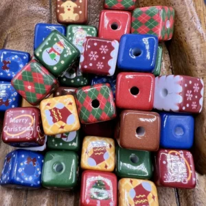 16mm- Christmas themed Cubes all Hand painted (10 beads per pack)