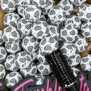 15mm Printed Exclusive Checker Print with Hearts silicone bead round