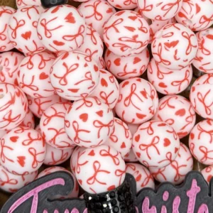 15mm Printed Exclusive Hearts and Coquette Bows silicone bead round