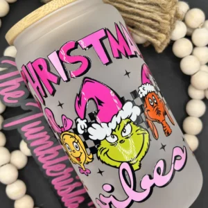 16oz Glass Libbey Pink Grinch vibes cup