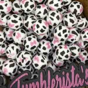 Exclusive 15mm Tilly Black cow print silicone bead round