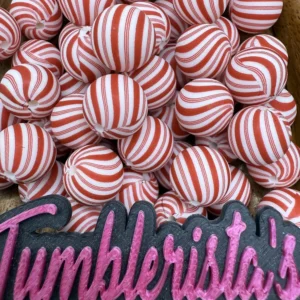 15mm Printed Exclusive Candy Cane Peppermint Stripe silicone bead round