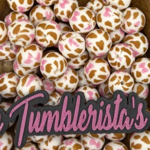 Exclusive 15mm Tilly Brown cow print silicone bead round
