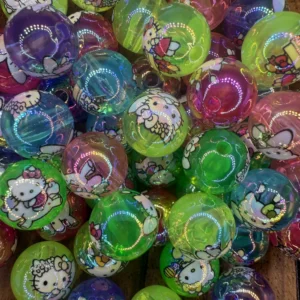 Acrylic 16mm Round Hello Kitty Iridescent multicolor bubblegum bead mix (10 per pack)