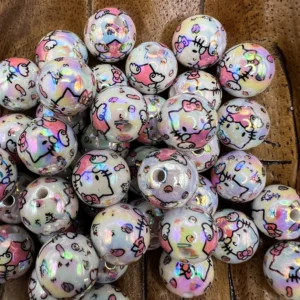 Acrylic 16mm AB Round Hello Kitty with Pink bow bubblegum bead (10 per pack)