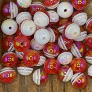 16mm Red Beads with Stripes bubblegum bead mix (10 per pack)